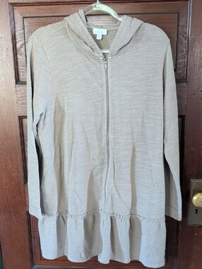 Neutral Beige Cotton Hooded Zip-Front Tunic With Pockets and Ruffled Hem L